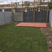 Totaalproject te Berchem - Plaatsen van leibomen, hardhouten terras, beplanting en graspartij